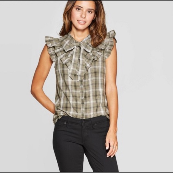 Universal Thread Tops - Universal Thread Plaid Button Down Ruffle Blouse